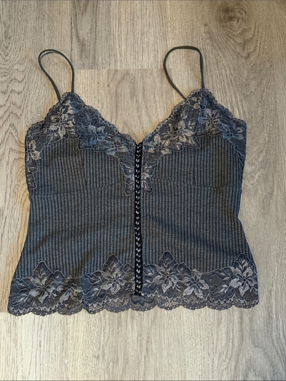 Lace-Trim Ribbed Cami Top — Charcoal Gray